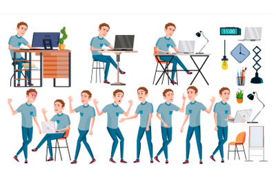 Office Worker Vector. Face Emotions, Various Gestures. Businessman Worker. Happy Job. Partner, Clerk, Servant, Employee. Isolated Flat Cartoon Illustration