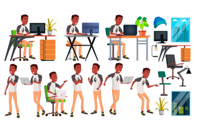 Office Worker Vector. Businessman Worker. Black. African. Poses. Front, Side View. Happy Job. Partner, Clerk, Servant, Employee. Isolated Flat Cartoon Illustration