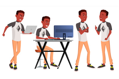 Office Worker Vector. Black. African. Poses. Adult Business Male. Successful Corporate Officer, Clerk, Servant. Isolated Flat Character Illustration