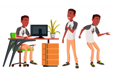 Office Worker Vector. Emotions. Lifestyle. Black. African. Business Person. Poses. Front, Side View. Career. Modern Employee, Workman. Isolated Flat Cartoon Character Illustration