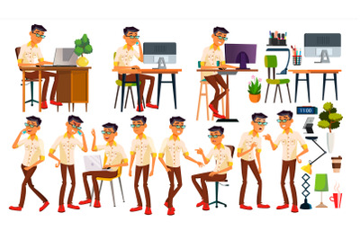 Office Worker Vector. Thai, Vietnamese. Face Emotions, Gestures. Animated Elements. Poses. In Action. Adult Business Male. Successful Corporate Officer, Clerk, Servant. Isolated Illustration