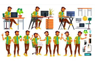 Office Worker Vector. Indian Emotions, Various Gestures. Business Human. Smiling Manager, Servant, Workman, Officer. Poses. Flat Character Illustration