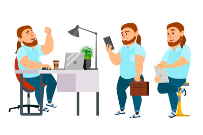 Business Man Character Vector. Working Man. Fat, Bearded. Environment Process Creative Studio. Programming, Planning. Full Length. Designer, Manager. Poses. Flat Cartoon Business Illustration