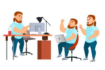 Business Man Character Vector. Working Boy, Man. Team Room. Brainstorming. Environment Process In Start Up Office. Programmer, Designer. Isolated On White Cartoon Business Character Illustration