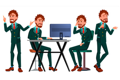 Office European Worker Vector. Adult Business Male. Successful Corporate Officer, Clerk, Servant. Scene Generator. Isolated Flat Character Illustration