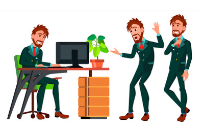 Office Worker Vector. Businessman Worker. Poses. Animated Elements. Front, Side View. Happy Job. Partner, European Clerk, Servant, Employee. Isolated Flat Cartoon Illustration