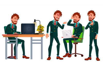 Office Worker Vector. Business Human. Poses. Smiling Manager, Servant, Workman, Officer. Flat Character Illustration