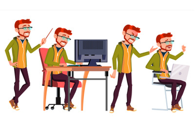 Office Worker Vector. Face Emotions, Various Gestures. Red Head, Ginger. Business Human. Smiling Manager, Servant, Workman, Officer. Flat Character Illustration