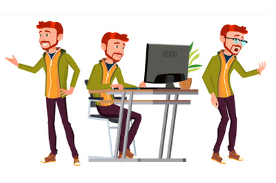 Office Worker Vector. Face Emotions, Various Gestures. Businessman Person. Poses. Front, Side View. Office. Smiling Executive, Servant, Workman, Officer. Isolated Character Illustration