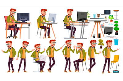 Office Worker Vector. Poses. Face Emotions, Various Gestures. Red Head, Ginger. Adult Entrepreneur Business Man. Isolated Flat Illustration