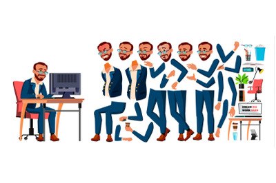 Office Worker Vector. Turkish. Turk. Animation Creation Set. Businessman Worker. Lifestyle Generator. Animated Elements. Front, Side View. Job. Partner, Clerk, Servant, Employee. Cartoon Illustration