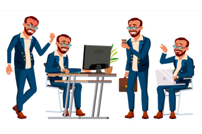 Office Worker Vector. Face Emotions, Gestures. Poses. Businessman Person. Turk. Front, Side View. Smiling Executive, Servant, Workman, Officer. Isolated Character Illustration