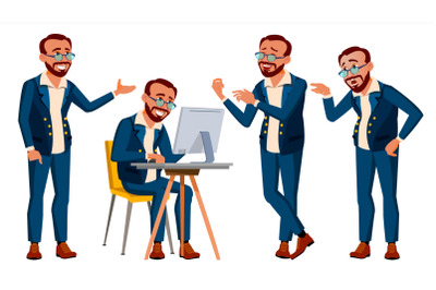 Office Worker Vector. Emotions, Various Gestures. In Action. Lifestyle. Turkish. Turk. Adult Entrepreneur Business Man. Isolated Flat Illustration