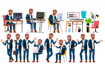 Office Worker Vector. Face Emotions, Various Gestures. In Action. Businessman Male. Turkish. Isolated Cartoon Illustration