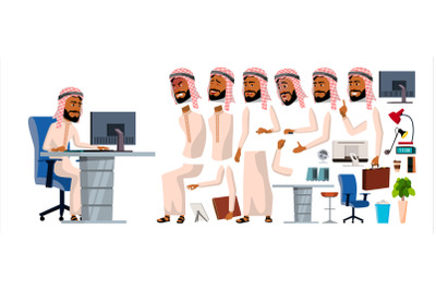 Arab Man Office Worker Vector. Animation Set. Generator. Facial Emotions, Gestures. Front, Side, Back View. Businessman Worker. Traditional Clothes. Islamic. Thawb, Thobe. Arab, Muslim. Illustration