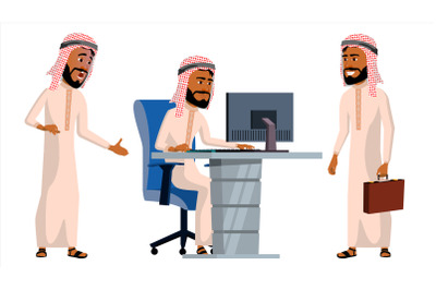 Arab Man Office Worker Vector. Traditional Clothes. Islamic. Face Emotions, Animated Elements. Various Gestures. Business Human. Smiling Manager, Servant, Workman, Officer. Flat Character Illustration