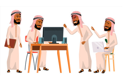 Arab Man Office Worker Vector. Saudi, Emirates, Qatar, Uae. Business Set. Facial Emotions, Gestures. Businessman Person. Front, Side View. Smiling Executive, Servant, Workman, Officer. Illustration