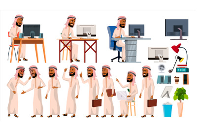 Arab Man Office Worker Vector. Arab, Muslim. Business Set. Facial Emotions, Gestures. Animated Elements. Corporate Businessman Male. Successful Officer, Clerk, Servant. Isolated Cartoon Illustration