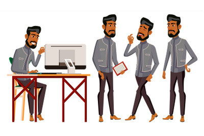 Arab Man Office Worker Vector. Business Set. Traditional Clothes. Arab, Muslim. Emotions, Gestures. Businessman Person. Arabic Front, Side View. Smiling Executive, Workman, Officer. Illustration