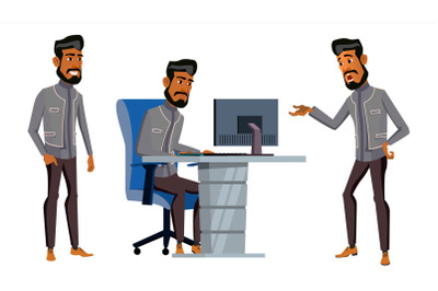 Arab Man Office Worker Vector. Business Set. Saudi, Emirates, Qatar, Uae. Face Emotions, Gestures. Adult Entrepreneur Business Man. Happy Clerk, Servant, Employee. Illustration