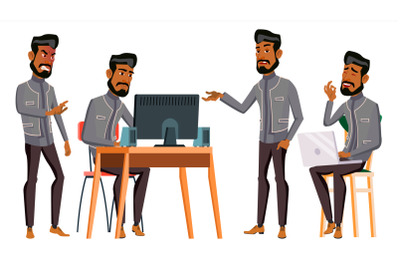 Arab Man Office Worker Vector. Business Set. Islamic. Facial Emotions, Gestures. Animated Elements. Arabic Corporate Businessman Male. Successful Officer, Clerk, Servant. Illustration