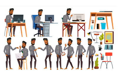 Arab Man Office Worker Vector. Business Set. Face Emotions, Various Gestures. Animated Elements. Scene. Arabic Business Worker. Career. Professional Workman, Officer, Clerk. Illustration