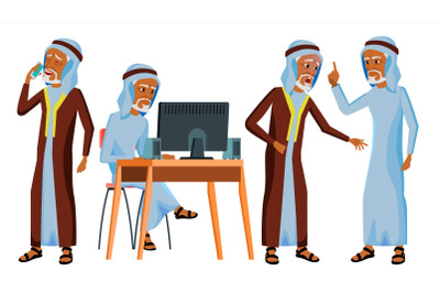 Arab Man Office Worker Vector. Islamic. Traditional Clothes. Old. Business Set. Face Emotions, Gestures. Adult Entrepreneur Business Man. Happy Clerk, Servant, Arabic Employee. Illustration