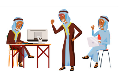 Arab Man Office Worker Vector. Thawb, Thobe. Old. Traditional Clothes. Business Set. Facial Emotions, Gestures. Animated Elements. Corporate Businessman Male. Successful Officer, Clerk. Illustration