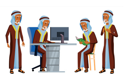 Arab Man Office Worker Vector. Ghutra. Old. Saudi, Emirates. Arabic Face Emotions, Various Gestures. Scene. Business Worker. Front, Side View. Career. Professional Workman, Officer Clerk. Illustration