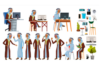 Arab Man Set Office Worker Vector. Set. Arabic, Muslim. Old. Emirates, Qatar, Uae. Face Emotions, Various Gestures. Animated Elements. Office. Businessman Human. Modern Cabinet Employee. Illustration