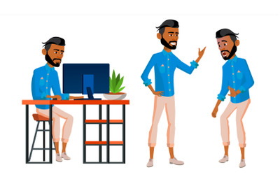 Arab Man Office Worker Vector. Business Set. Arabic, Saudi, Emirates, Qatar, Uae. Thawb, Thobe. Face Emotions, Various Gestures. Scene. Business Worker. Career. Professional Clerk. Illustration