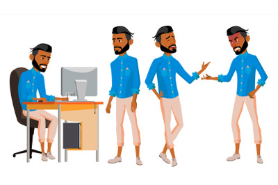 Arab Man Office Worker Vector. Set. Arab, Muslim. Islamic. Face Emotions, Various Gestures. Animated Elements. Office. Businessman Human. Modern Cabinet Employee, Workman, Laborer. Illustration