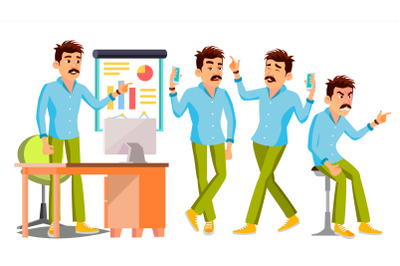 Business Man Character Vector. Working Male. Environment Process. Start Up. Casual Clothes. Worker. Full Length. Programmer, Manager. Expressions. Flat Business Character Illustration