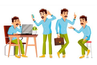 Business Man Character Vector. Working Man. Environment Process Creative Studio. Male Worker. Full Length. Designer, Manager. Poses, Face Emotions, Gestures. Cartoon Business Illustration