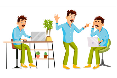 Business Man Character Vector. Working Man. Environment Process In Start Up Office, Studio. Male Programmer, Designer. Isolated On White Cartoon Business Character Illustration