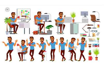 Business Man Character Vector. Working Hindu People Set. Office, Creative Studio. Bearded. Business Situation. Software Development. Programmer. Poses, Emotions. Cartoon Character Illustration