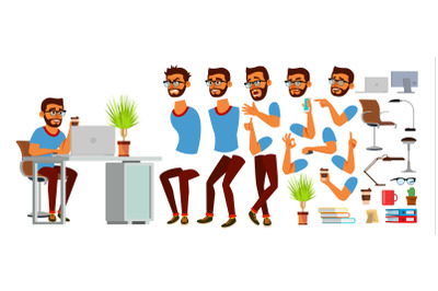 Business Man Character Vector. Working Hindu Male. Business Start Up. Modern Office. Coding, Software Development. Programmer. Animation Set. Bearded Salesman. Face Emotions. Cartoon Illustration