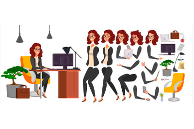 Business Woman Character Vector. Working Female Girl Boss. Office. Girl Developer. Animation Set. Attractive Lady Programmer, Designer. Emotions. Cartoon Illustration