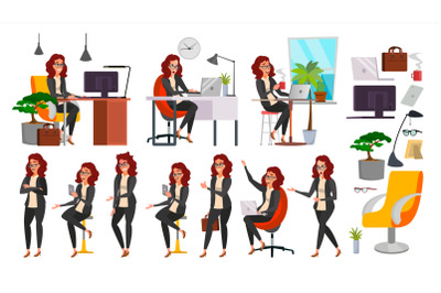 Business Woman Lady Character Vector. Working Female In Action. IT Startup Business Company. Clerk In Office Clothes. Desk. Full Length. Girl Programmer. Expressions. Business Character Illustration