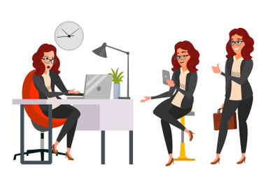 Business Woman Character Vector. Working Girl. Environment Process Creative Studio. Work Situations In Action. Girl Boss. Programming, Planning. Designer, Manager. Poses. Business Illustration