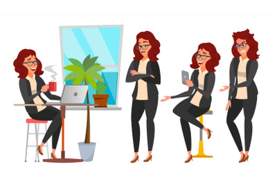 Business Woman Character Set Vector. Working People Poses Set. Girl Boss In Action. Creative Studio. Teamwork. Modern Business Office. Female In Situation. Programmer, Designer. Character Illustration