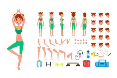Yoga Woman Vector. Prenatal Yoga Animated Character Creation Set. Woman Full Length&2C; Front&2C; Side&2C; Back View&2C; Accessories&2C; Poses&2C; Face Emotions&2C; Gestures. Isolated Flat Cartoon Illustration