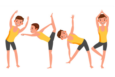 Yoga Man Poses Set Vector. Girl. Yoga Poses. Doing Yoga Workout. Flat Cartoon Illustration