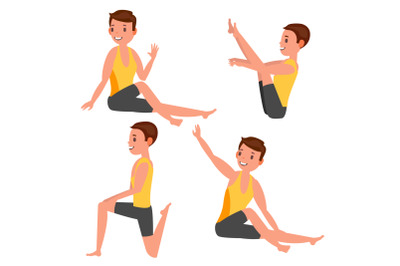 Yoga Male Vector. Stretching And Twisting. Practicing. Playing In Different Poses. Man. Isolated On White Cartoon Character Illustration