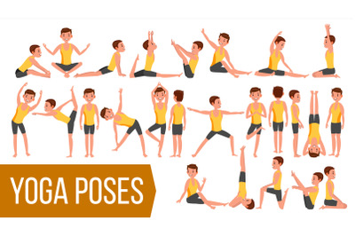 Yoga Man Poses Set Vector. Relaxation And Meditation. Stretching And Twisting. Practicing. Body In Different Poses. Cartoon Character Illustration