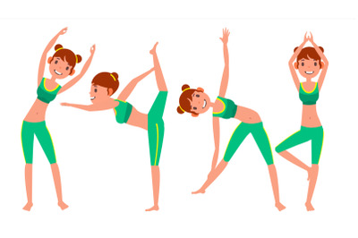 Yoga Woman Poses Set Vector. Girl. Yoga Poses. Doing Yoga Workout. Flat Cartoon Illustration