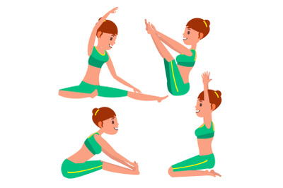 Yoga Female Vector. Stretching And Twisting. Practicing. Playing In Different Poses. Woman. Isolated On White Cartoon Character Illustration