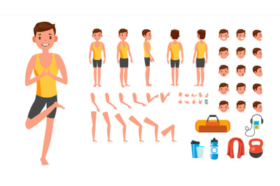 Yoga Man Vector. Prenatal Yoga Animated Character Creation Set. Man Full Length, Front, Side, Back View, Accessories, Poses, Face Emotions, Gestures. Isolated Flat Cartoon Illustration