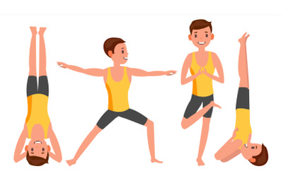 Yoga Man Poses Set Male Vector. Yoga Figures&2C; Silhouettes. Different Positions. Isolated Flat Cartoon Character Illustration