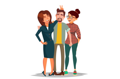 Friends Taking Photo Vector. Laughing People Group, Office Colleagues. Creative Man And Women. Friendship Concept. Isolated Cartoon Illustration